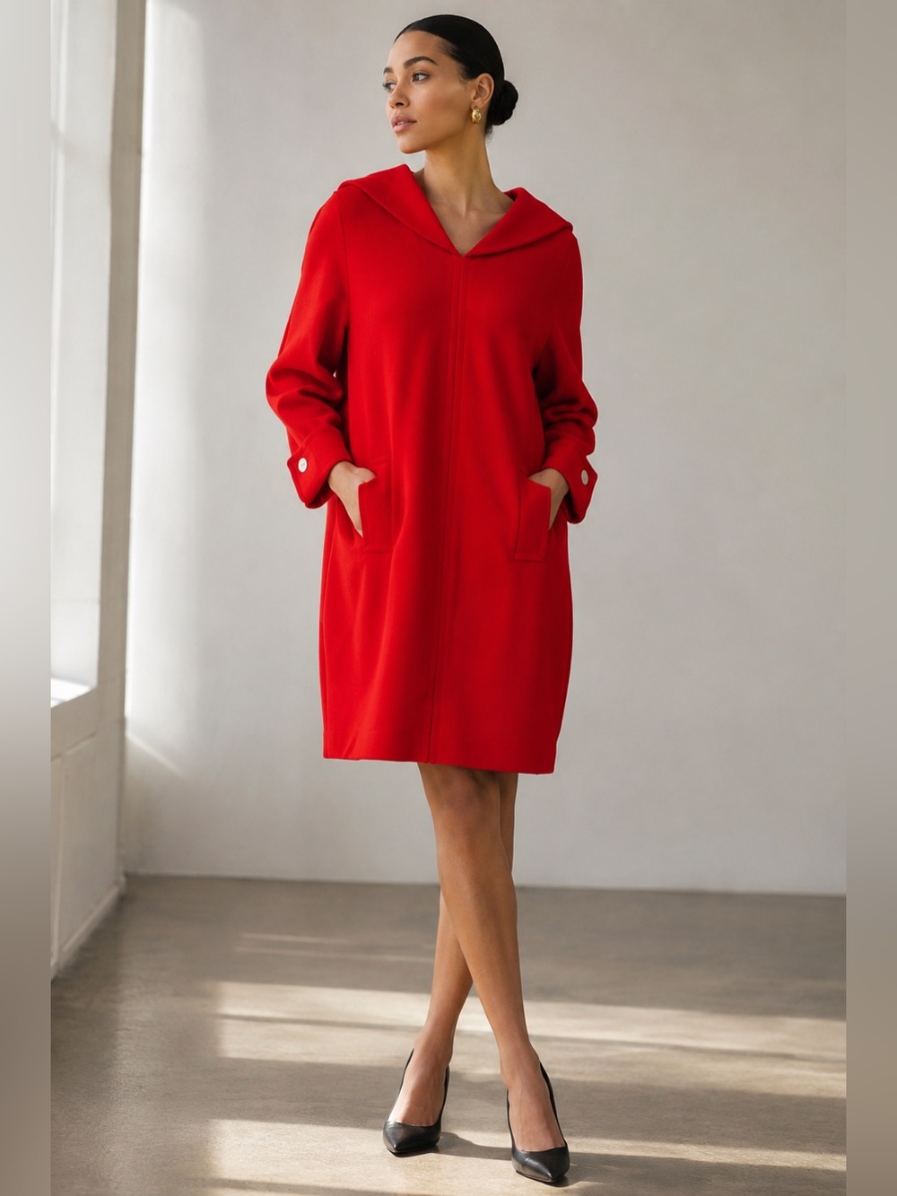 Vintage Perry Ellis 100% Wool Red Cocoon Dress Cape Collar Made USA M